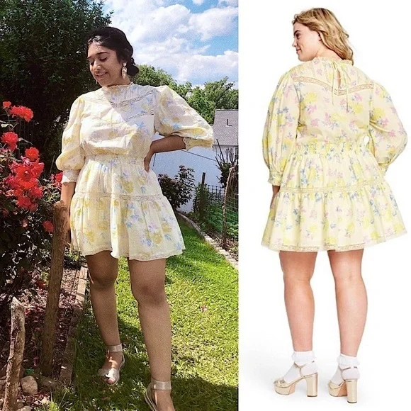 NWT LOVESHACKFANCY TARGET Floral Puff Sleeve Lace Trim Tier Ruffle Mini Dress 1X - Picture 3 of 16